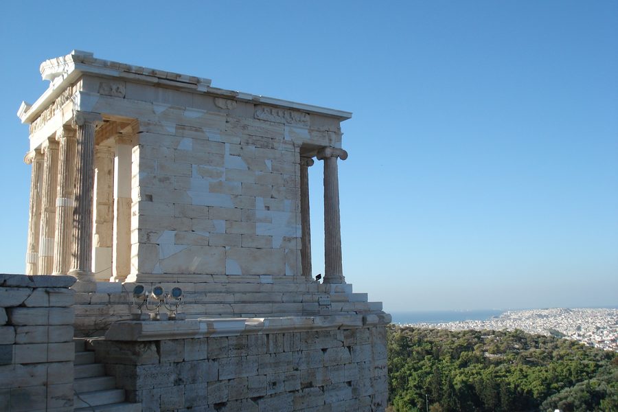 The Temple of Athena Nike on the Acropolis, with Athens and the sea beyond